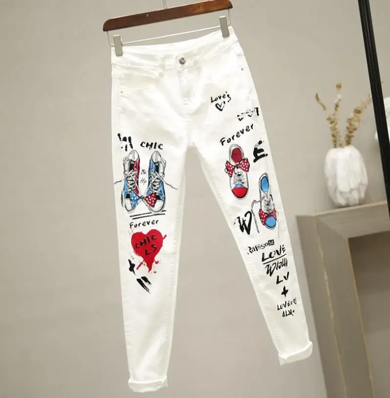 Новые женские белые джинсовые джинсы с рисунком граффити Цветы печати