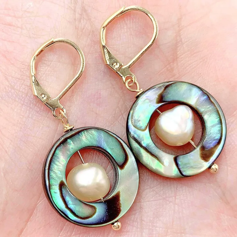 

18x18mm Abalone Shell Pink Baroque Pearl Earrings Ear Drop Aurora Mesmerizing Flawless Jewelry Party Accessories