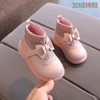 girl fashion bow elastic socks leather boots female winter warm 2020 ankle boots for baby kids shoes children 1 2 3 4 5 6 years