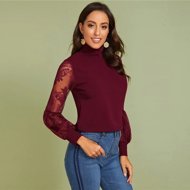 SHEIN Однотонный Топ С Прозрачными Рукавами Сексуальная Блузка С Ажурными Рукавами