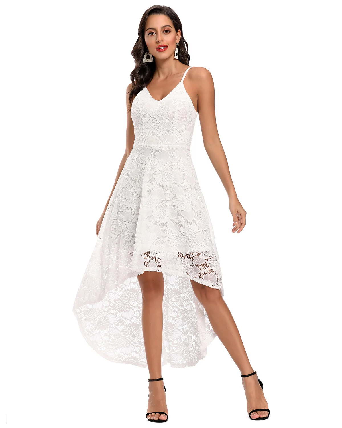 

Women Chiffon Lace Dovetail Dress White Wedding Sling Dress Party Dinner Sexy