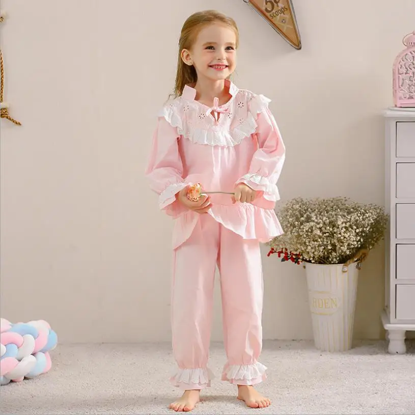 Детские хлопковые пижамы для девочек кружевные лоскутные комплекты принцессы из