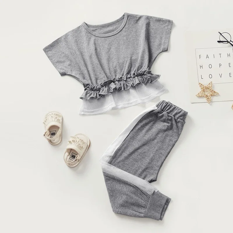 

Повседневный костюм из двух предметов для девочек, топ с коротким рукавом, сетчатая строчка, цветная детская одежда, одежда для маленьких де...