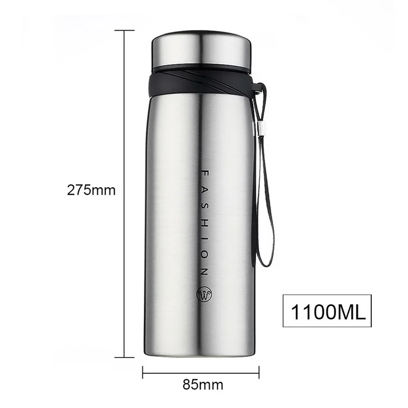 1100ml Silver Большая емкость термос бутылка из нержавеющей стали стакан с герметизацией бутылка для воды портативная вакуумная колба для кофе кружка дорожная чашка - Цвет: 1100ml Silver