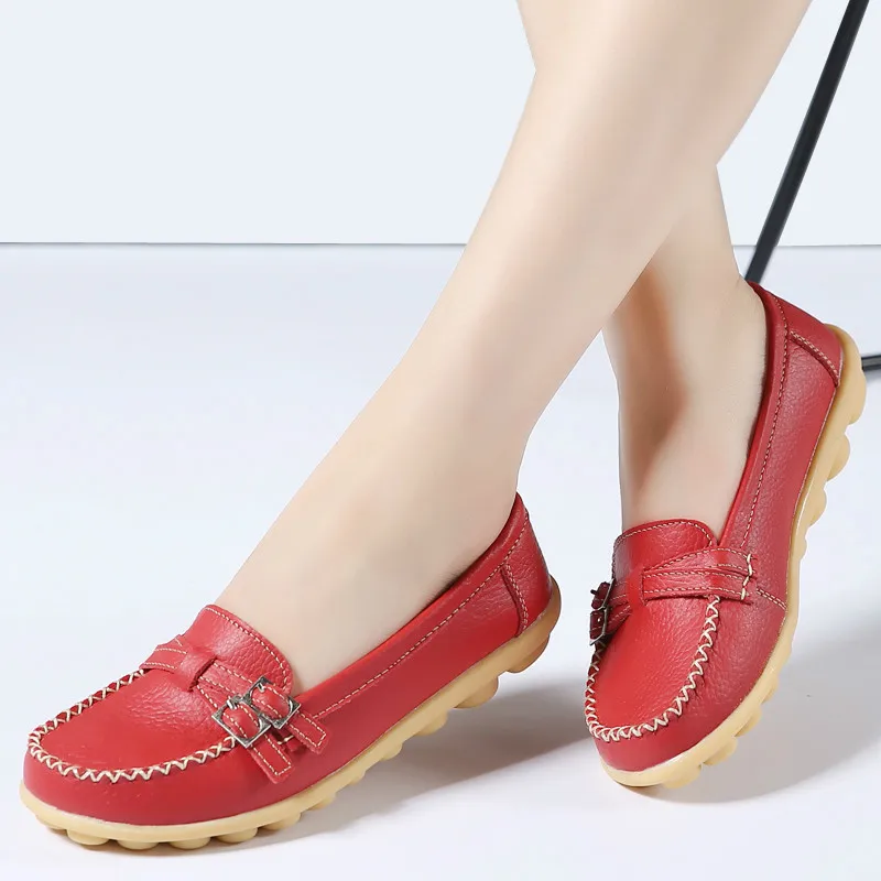 Женские балетки из натуральной кожи мокасины без шнуровки с круглым носком