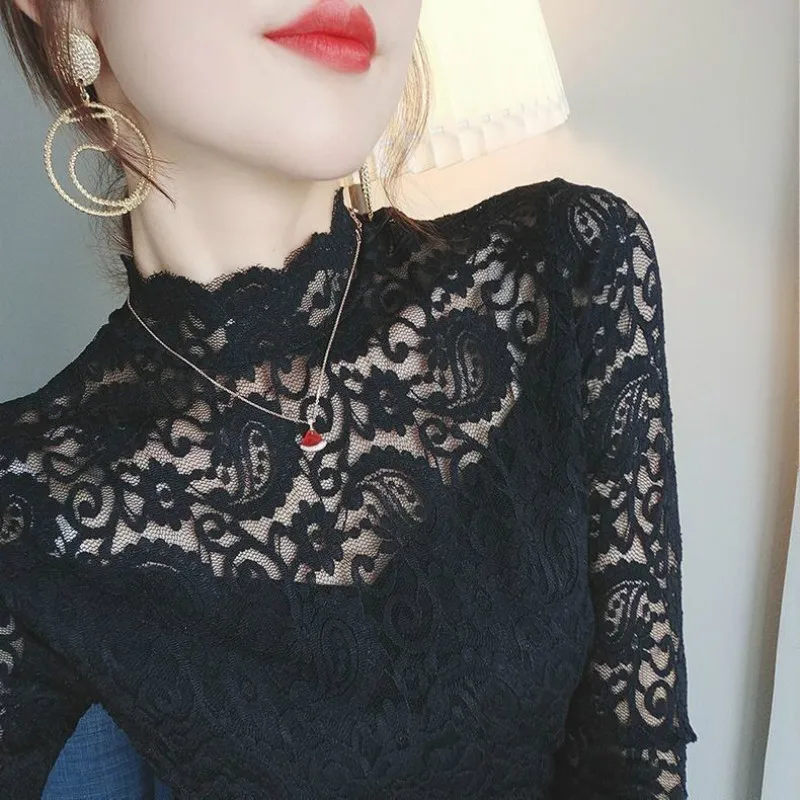 

Lace Bottoming Shirt Women's 2021 Western Style Autumn and Winter Korean Sweater Half-Collar Hollow Princess Style Top Y73