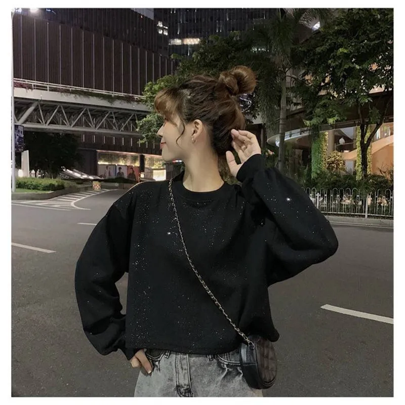 Новая Осенняя простая однотонная женская толстовка с блестками длинным рукавом