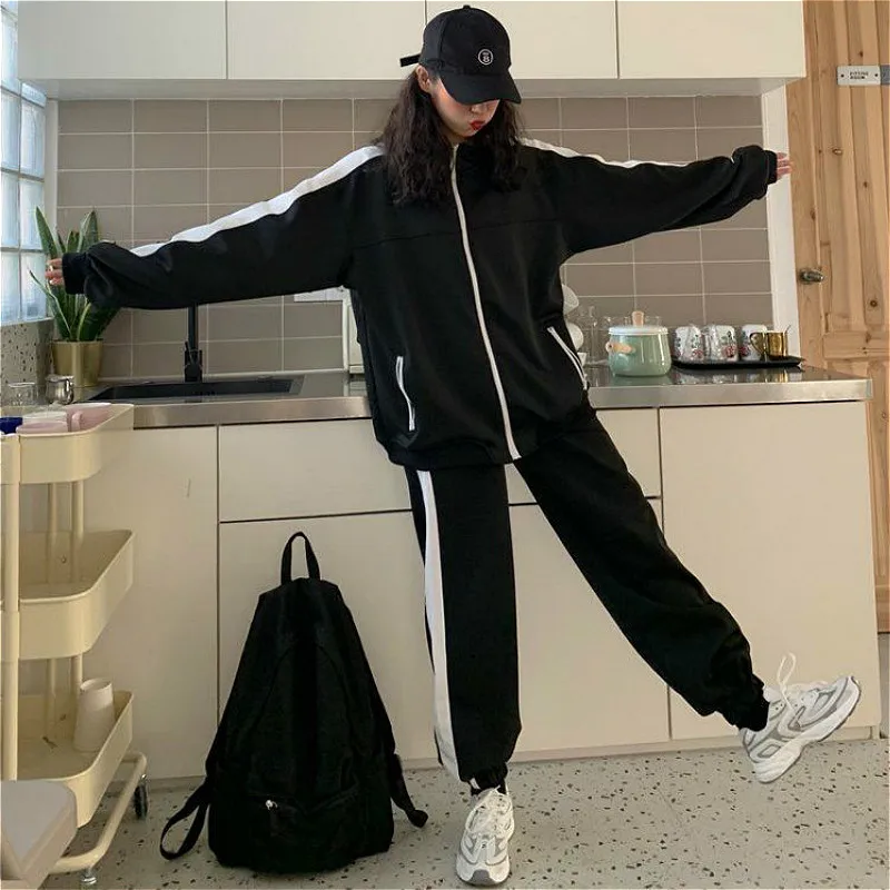 

Брюки женские, прямые, с полосками по бокам, мешковатые, с эластичным поясом, Осенние, в уличном стиле, в стиле Харадзюку, удобные, на плоской ...