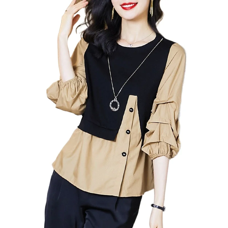 

Spring and summer fake two-piece blouse shirt women's stitching fashion three-quarter sleeve women's 2021 new style