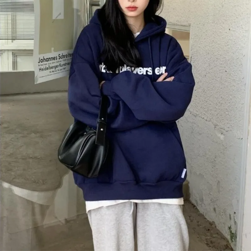 

Letter Hooded Sweater Women's Autumn Winter Thickened Plush Loose Lazy Style Versatile Casual Long Sleeve Coat