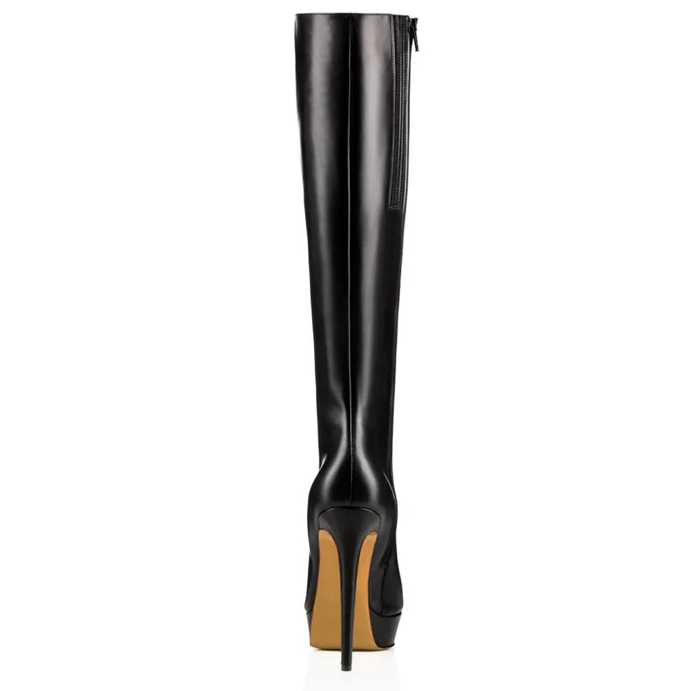 Ladies' Black Pu Boots with Slender High Heels with Platform and Zipper Female Knee High Boots