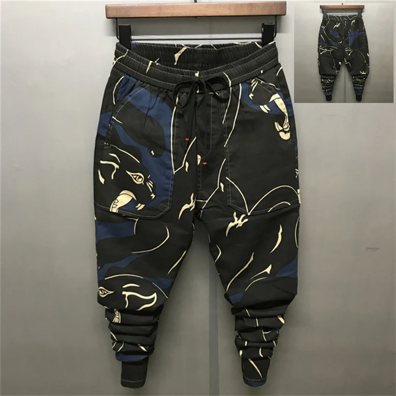 

2018 New Men Pencil Pants Print Slim Big Crotch and Pockets Male Personality Casual Long Pants