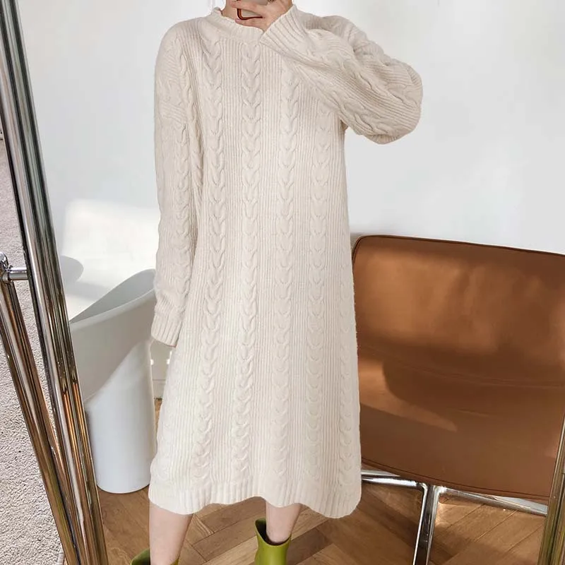 

New Casual Dresses Women Winter Oversize Pullover Long Sleeve O-Neck Solid Female Knitted Thick Sweater Dress Loose Big Size