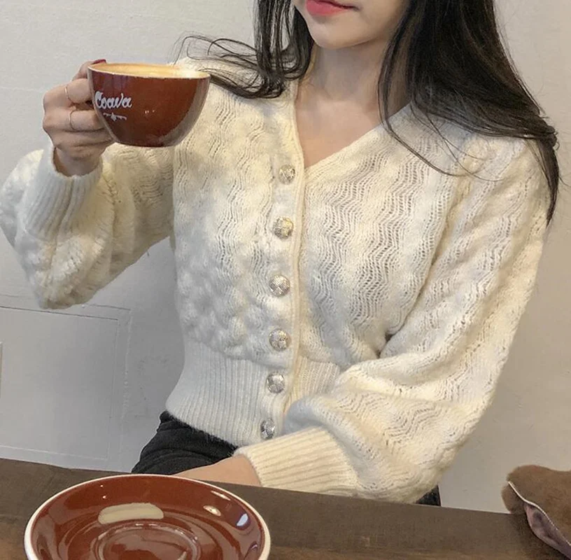 REALEFT 2020 новый осенне зимний Шикарный белый женский кардиган свитер с v образным