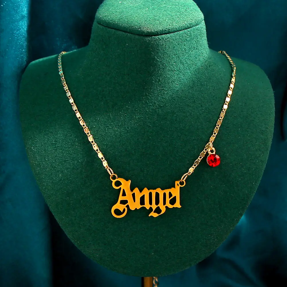 

New Punk Stainless Steel Gold Color Angel Letter Pendant Necklace For Women Mini Red Crystal Chain Necklaces Trendy Jewelry Gift