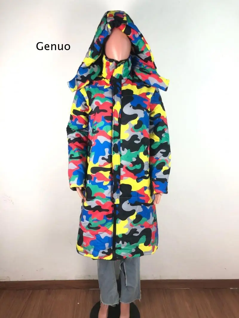2021 Winter Spring Camouflage Print Jacket Women Long Parka Unisex  Cotton Padded Coat with Detachable Hood