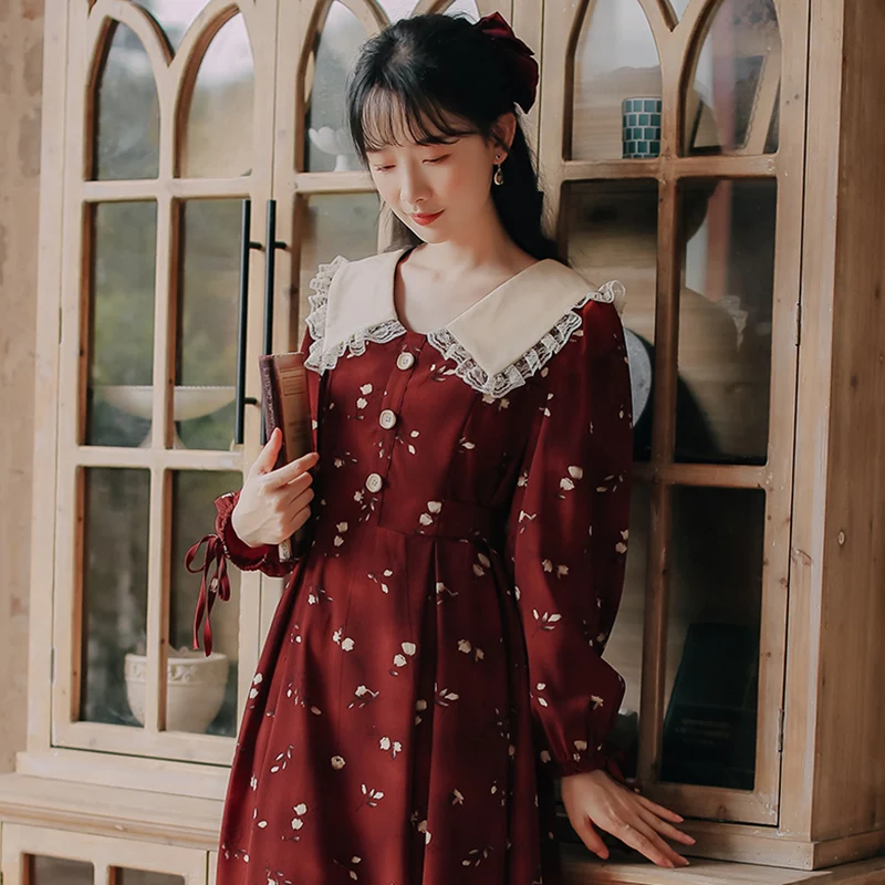 

2020 new fashion women's clothing Turn-down Collar Full Print Vintage dress