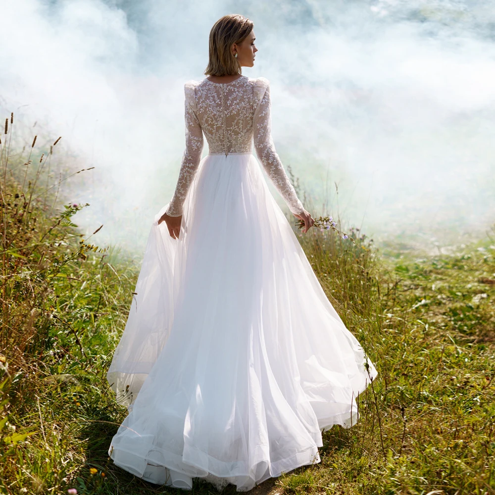 

Vestidos Wedding Dresses Tulle Illusion Lace Bateau Full Sleeve Zipper Ball Sweep Train Bridal Gowns