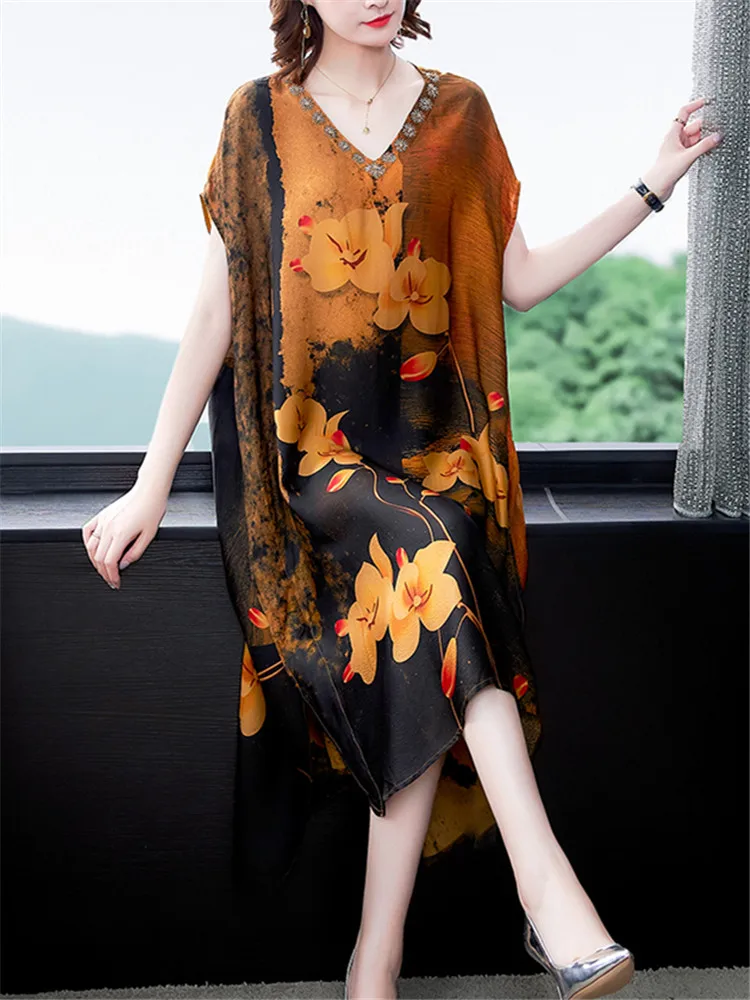 

Chikichi 2021 Summer New Middle-aged Mother Mid-length V-neck Plus Size Satin A-line Party Dress for Women Vestido Feminino