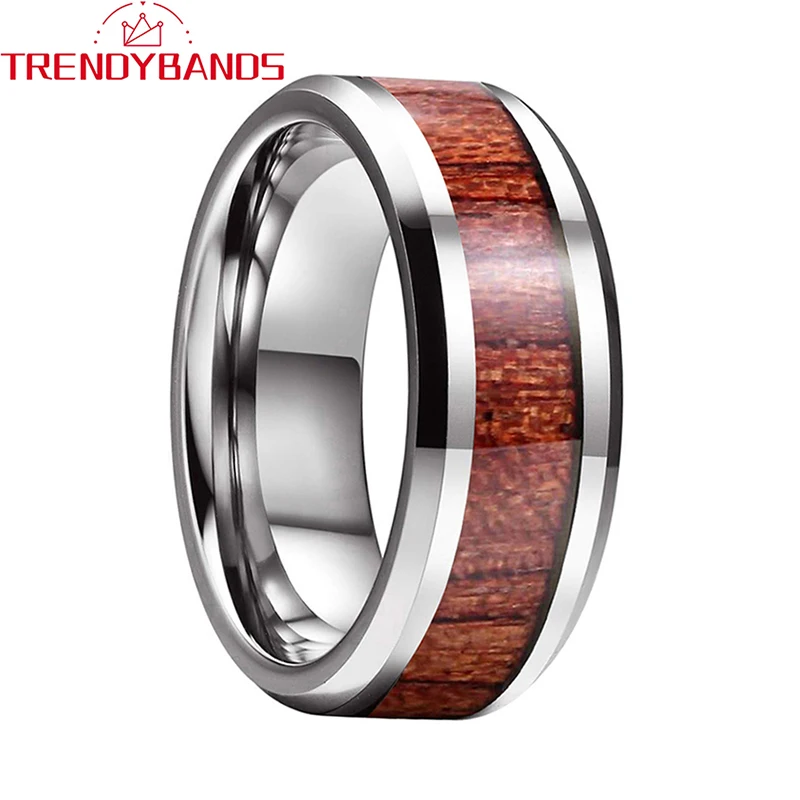 

8mm Mens Womens Tungsten Carbide Rings Koa Wood Inlay Beveled Edges Wedding Bands Polished Shiny Comfort Fit