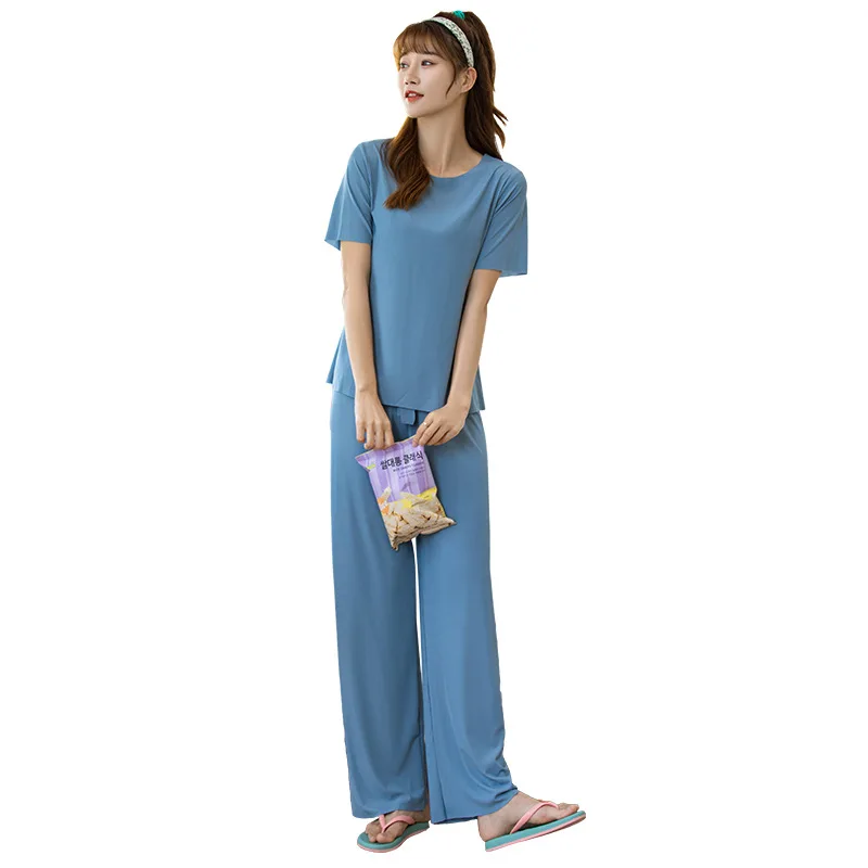 Short Sleeve Trousers Pajamas Women's Solid Color Suit Loose Ice Silk Home Clothes Lady Nightgown Female Sleepwear Sleeping Wear