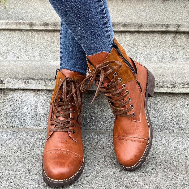 

Winter Fashion Warm Boots Retro Motorcycle Boots Women's Round Toe Square Heel Lace-up Solid Color Boots Women Gladiators Boots
