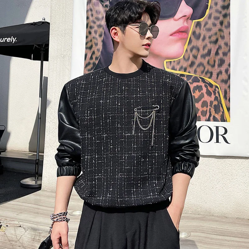 

Осень 2021, женский свитер-пуловер из искусственной кожи с брошью, черный топ с круглым вырезом, светильник лый роскошный 9Y9233