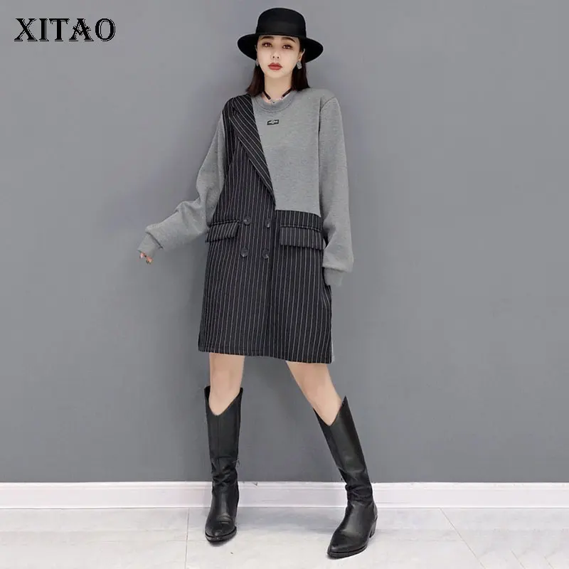 

XITAO/Полосатое платье; Новинка; Модный женский пуловер в стиле пэчворк; Хит; Цвет 2021; Осеннее Свободное платье с длинным рукавом; GWJ1607