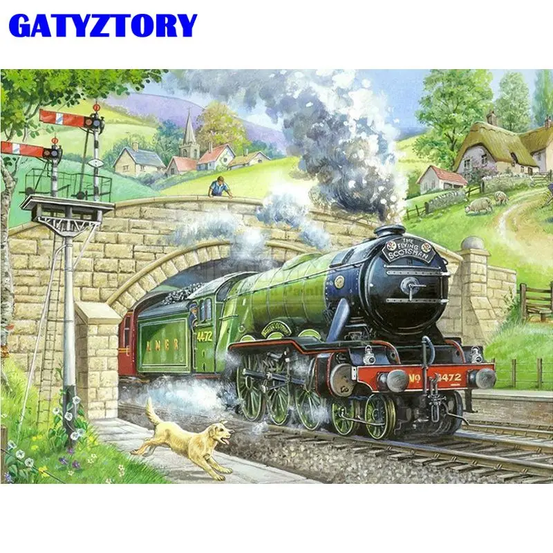 

GATYZTORY Framed Painting By Numbers Kits Moving Train Landscape Oil Paints Acrylic Draw Coloring On Canvas Bedroom Artcraft