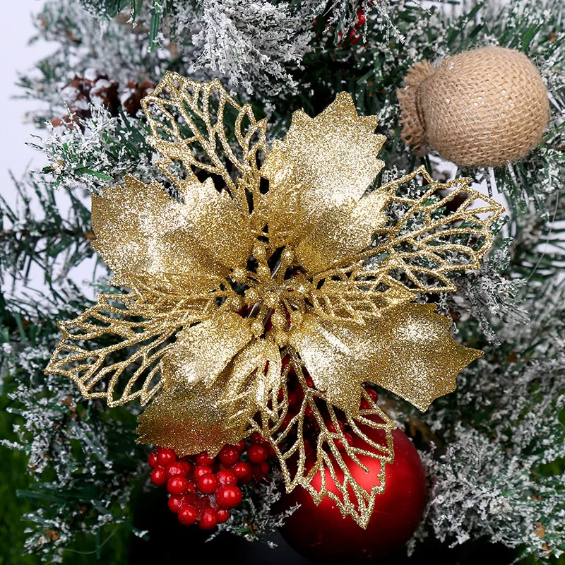 

9CM Glitter Artificial Flowers Merry Christmas Ornaments Christmas Tree Decorations for Home New Year Wedding Party Decor