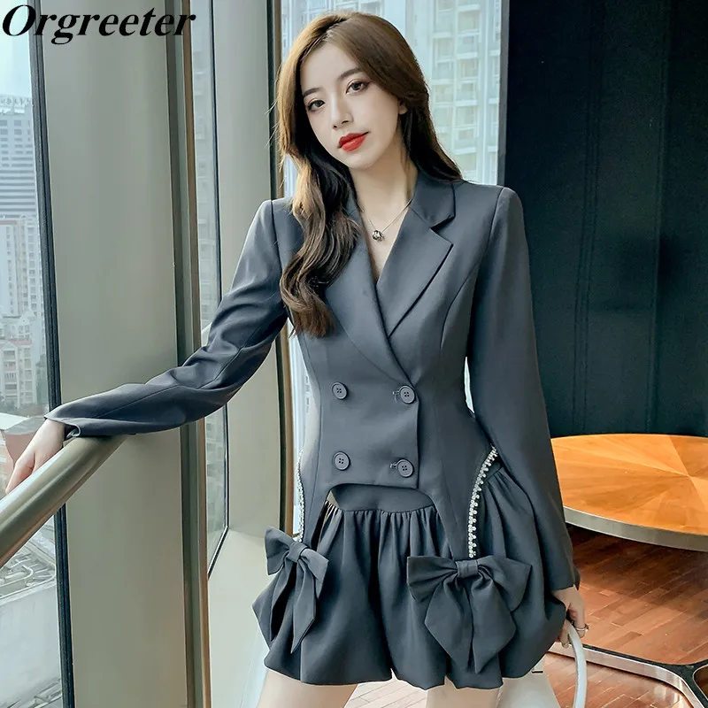 

Женский костюм из двух предметов, двубортный пиджак с длинным рукавом и бантом со стразами и плиссированная юбка с высокой талией, осень