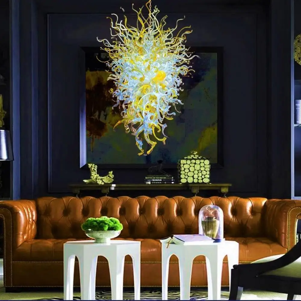 

Modern Chandelier Light Fixture Stairs Large Yellow LED Glass Chandelier for Villa Hall