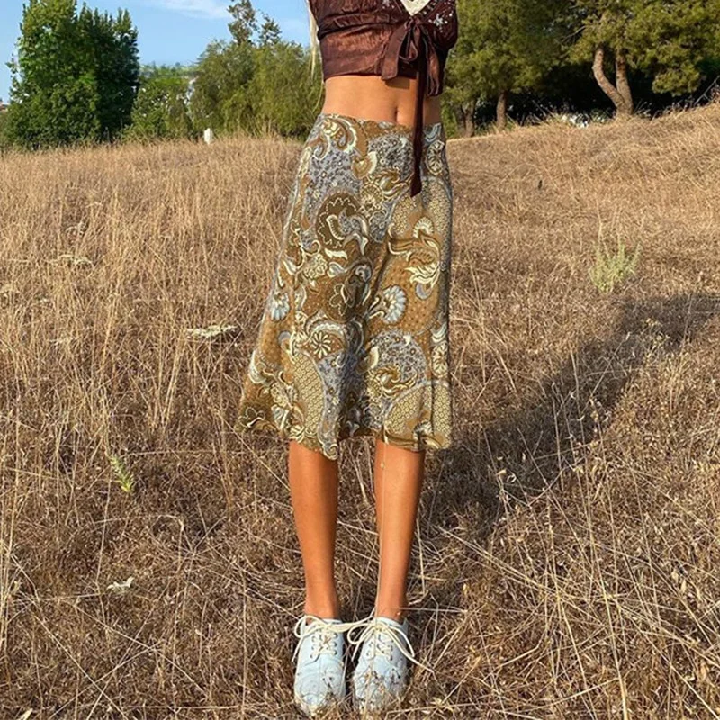 

Юбка-миди Женская трапециевидная с заниженной талией и цветочным принтом