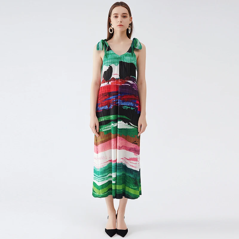 

Miyake Pleated ink Printing Korean fashion loose lon women dress Nice Summer pleated camisole dress