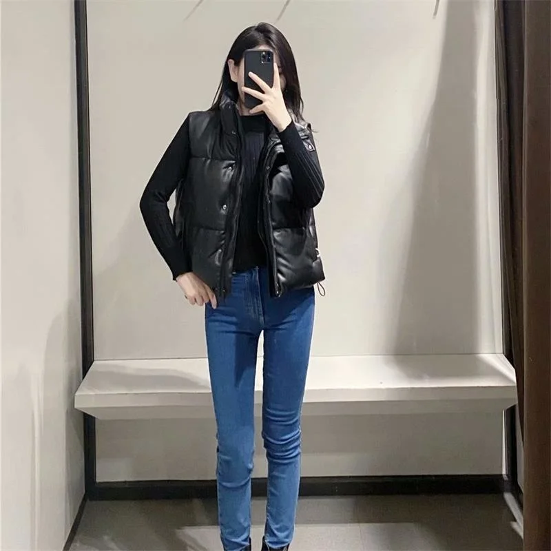 

Женский винтажный жилет без рукавов, кожаный жилет с хлопковым наполнителем и карманами, 2021