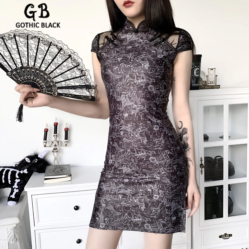 Женское винтажное мини платье Gothblack облегающее Сетчатое с коротким рукавом и