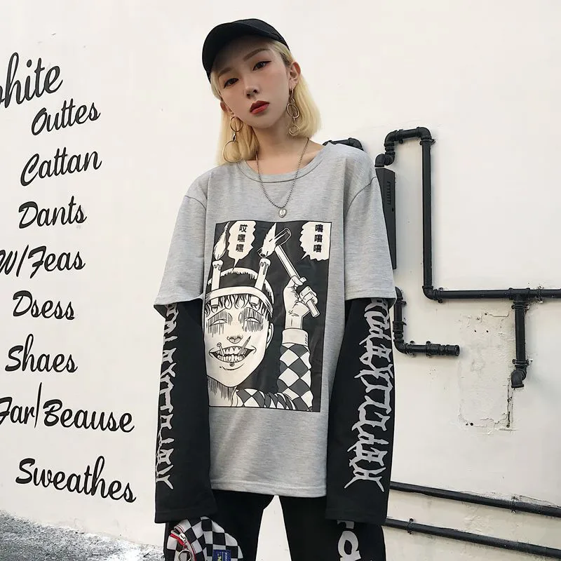 Neploe Harajuku Японская свободная футболка с мультяшным принтом, мужская и женская готическая одежда с длинным рукавом, повседневные Лоскутные Топы, уличная одежда 36951