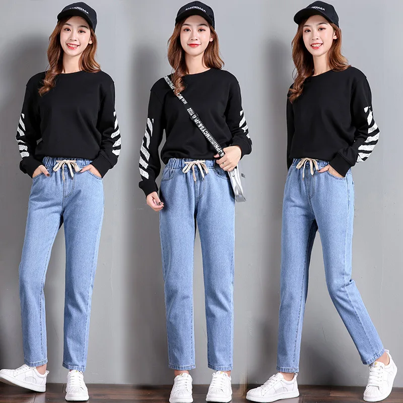 Women's Pants Trousers 2020 Korean Straight Leg Casual Elastic Waist Tie High Loose nine-point Sweatpants Women WBX688 | Женская