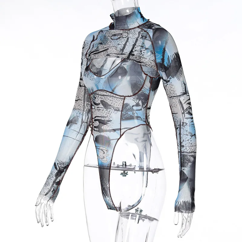 

Tie Dye Printed Mesh Bodysuits Women Bodycon Sexy 2021 New Arrivals Overalls Body Open Crotch Lady Bodysuit With Crop Top