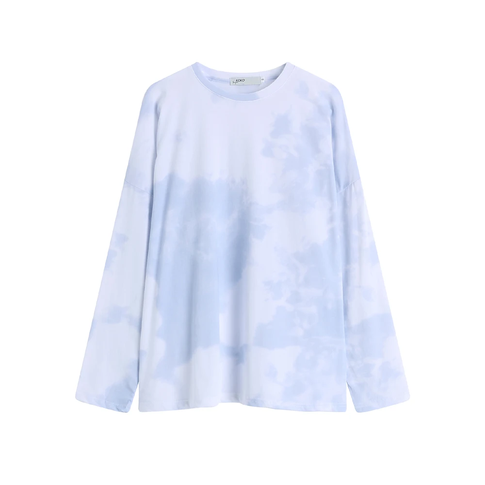

2021 Spring and Summer New Women T-shirt Korean Version White Cloud Tie-dye Tops O-neck Long Loose Sunscreen for Female
