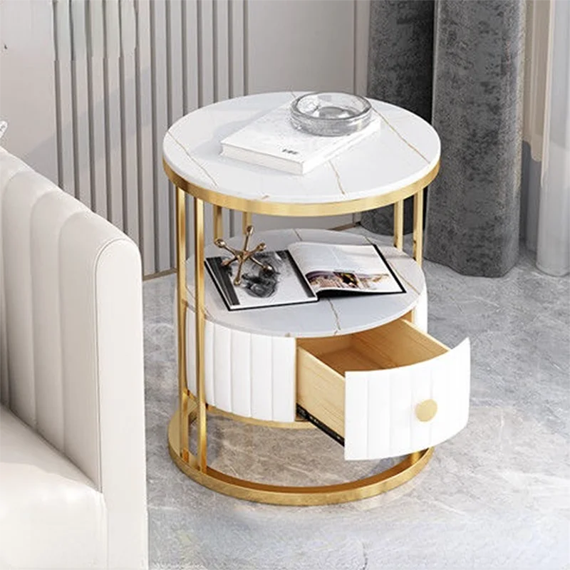 

Nordic Sofa Side Table Living Room Side Cabinet Light Luxury Rock Board Small Coffee Table, Round Bedside Cabinet Corner Cabinet