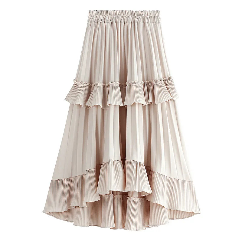

2021 New Autumn Pleated Skirt High Waist Irregular Hem Flouncing Women Long Skirts Women White Skirts gothic
