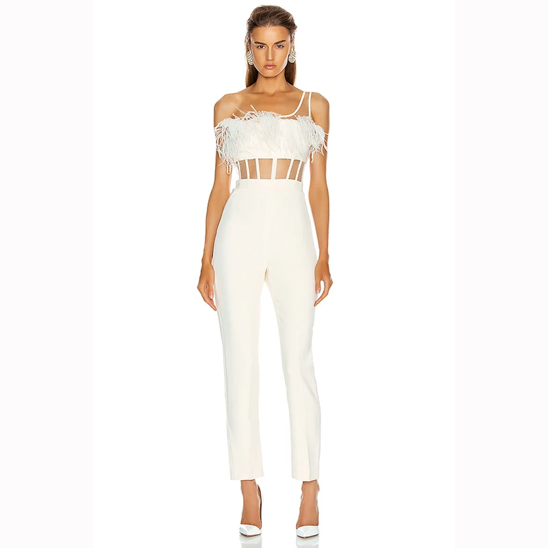 

High quality white sexy tight one-shoulder rayon bandage jumpsuit