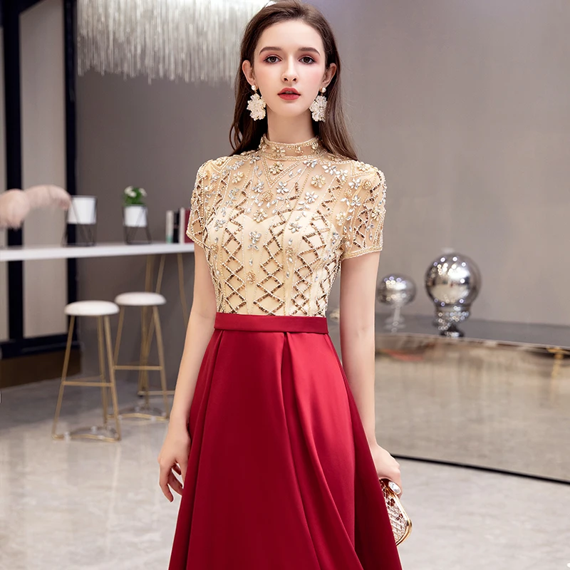 Винно-красные вечерние платья с высоким воротом элегантные атласные длинные для