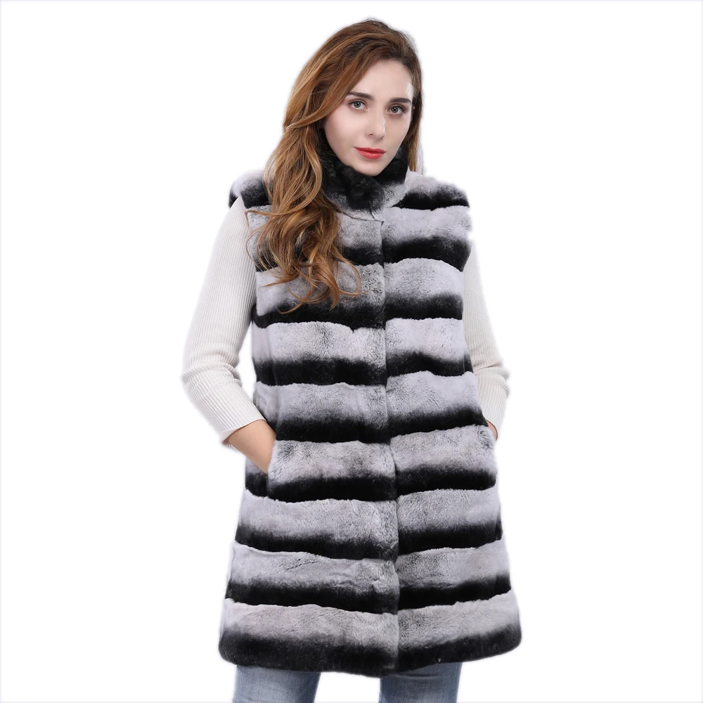 2019 Chinchilla vest women winter warm thick fur gilet lady real rex rabbit vests 80cm striped coats sleeveless brand | Женская одежда