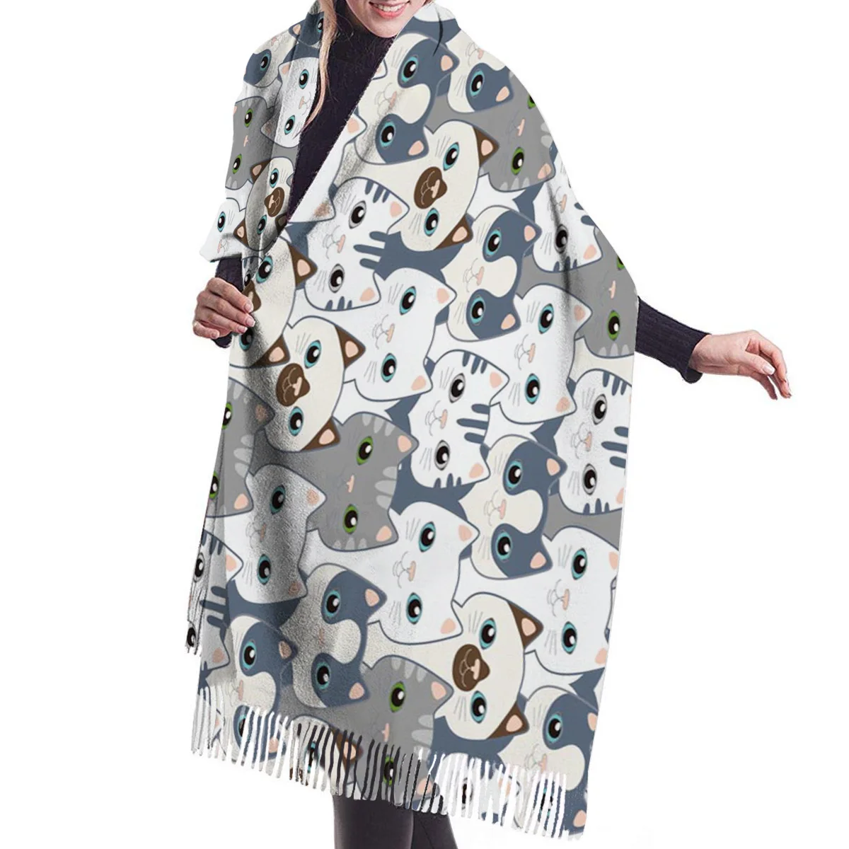 Зимний кашемировый шарф женский Мягкий Теплый кот котенок прекрасный синий