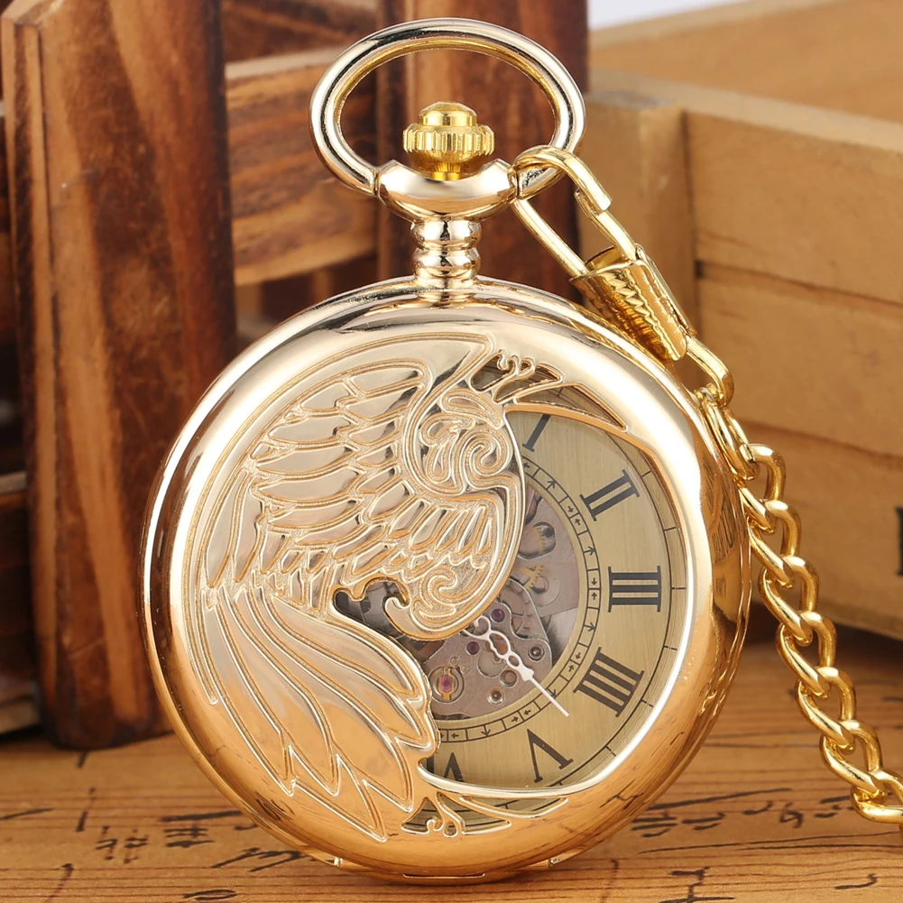 Mechanical Pocket Watch Silver/Gold Wing Half Hunter Design Luxury Pendant Pocket Mechanism Timepiece reloj de bolsillo