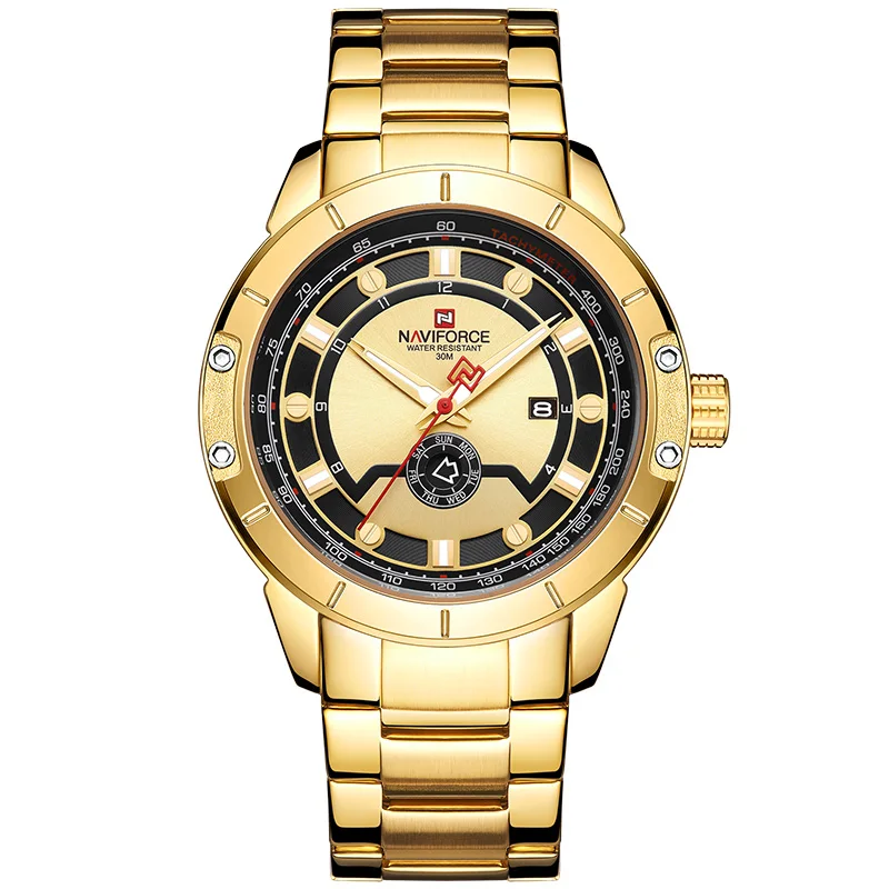Gold Топ люксовый бренд NAVIFORCE мужские модные золотые мужские наручные часы водонепроницаемые стальные водонепроницаемые кварцевые часы мужские часы - Цвет: Gold