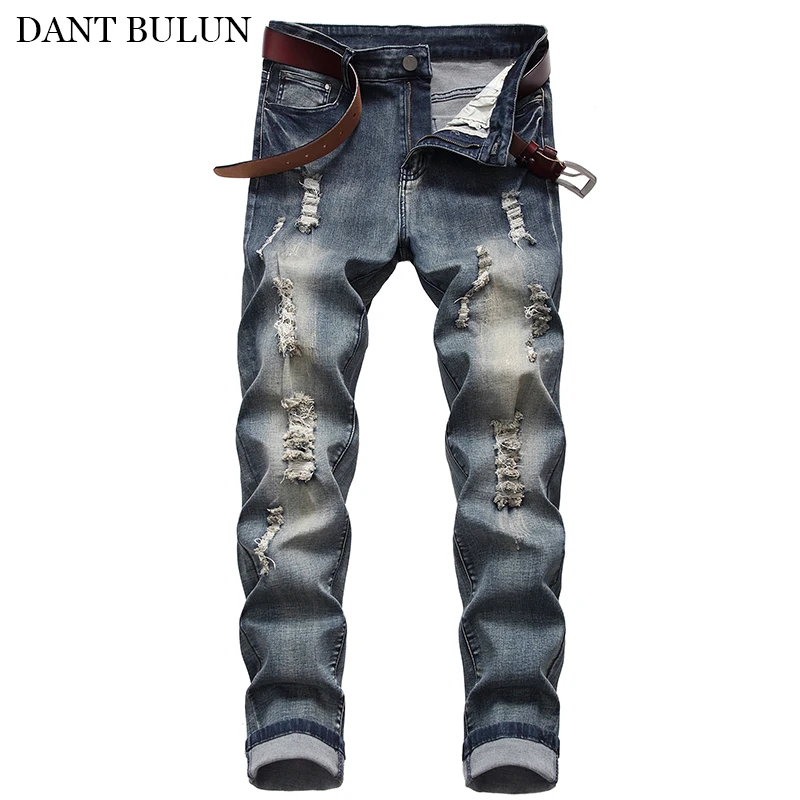 

Модные рваные джинсы для мужчин, облегающие зауженные джинсы с дырками в стиле хип-хоп, эластичные винтажные синие повседневные джинсовые б...