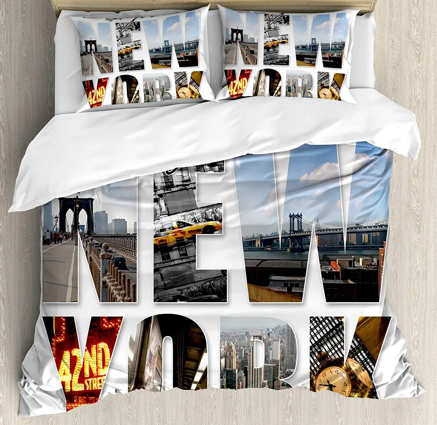 

New York Bedding Set New York City Collage Featuring with Different Areas of the Big Apple Manhattan Duvet Cover Pillowcase